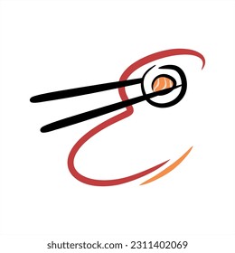 Sushi. Vector sushi roll chopsticks. ABC with sushi roll. Images of food. Minimalism. Beautiful letters. Line drawing. logo design initial E combine with sushi. Restaurant, menu. Asian kitchen.