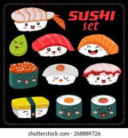 Sushi vector set. Sushi cartoon character illustration.