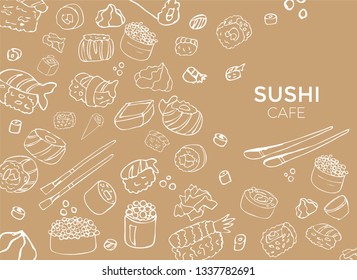 Sushi vector set. Hand drawn various sushi. Sketchy style illustration for menu, postcard, flyer, cafe.