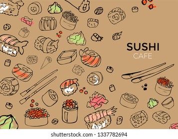 Sushi vector set. Hand drawn various sushi. Sketchy style illustration for menu, postcard, flyer, cafe.