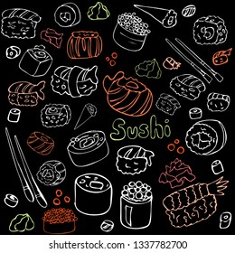 Sushi vector set. Hand drawn various sushi. Sketchy style illustration for menu, postcard, flyer, cafe.