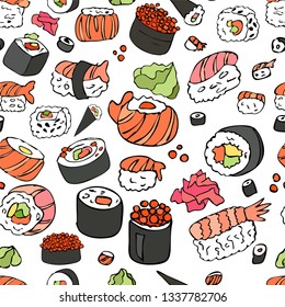 Sushi vector set. Sushi pattern. Hand drawn various sushi. Sketchy style illustration for menu, postcard, flyer, cafe.