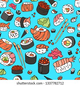 Sushi vector set. Sushi pattern. Hand drawn various sushi. Sketchy style illustration for menu, postcard, flyer, cafe.