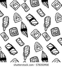 Sushi vector sketch set. Hand drawn design elements.