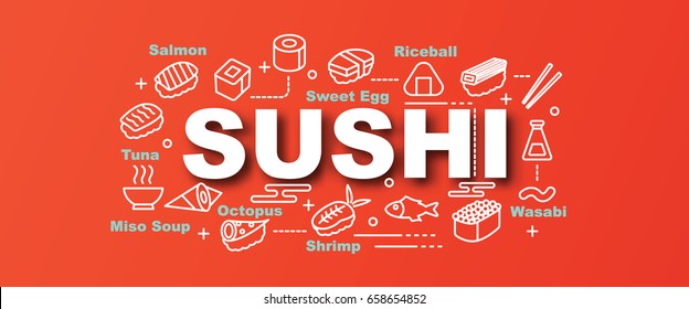 sushi vector trendy banner design concept, modern style with thin line art icons on gradient colors background
