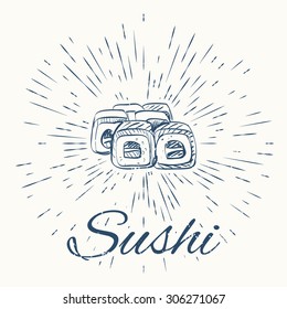 Sushi and vintage sun burst frame, excellent vector illustration, EPS 10