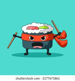 sushi warrior stick vector illustration design. fit to food character, mascot character, doodle design