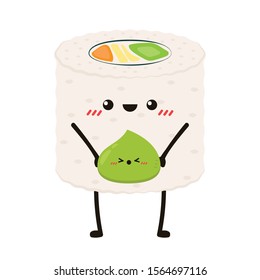 Sushi and wasabi character design. Sushi vector. Sushi on white background.