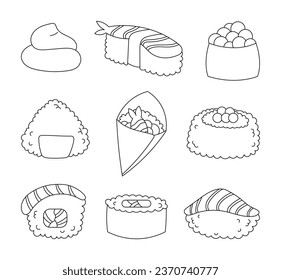 Sushi and wasabi. Coloring Page. Japanese food. Vector drawing. Collection of design elements.