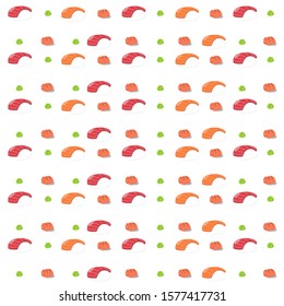 sushi with wasabi and pickled ginger pattern vector  on white background. Sushi endless texture
