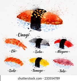 Sushi watercolor set hand drawn with stains and smudges unagi, sabe, maguro, sake, tamago, tako