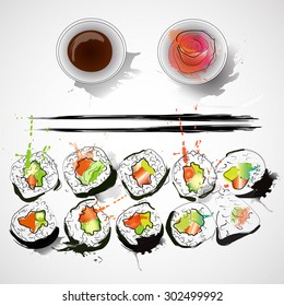 Sushi watercolor set hand drawn classic maki 