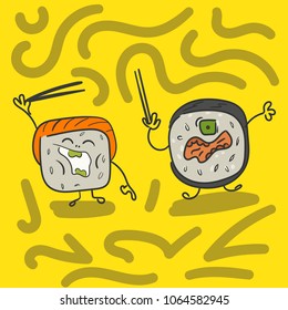Sushi who are angry with Chinese sticks are tasty for sushi cafes and restaurants for menus and sites vector icon