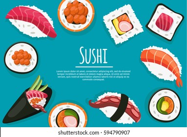 Sushi,Japanese food.Sushi rolls flat food and japanese seafood sushi rolls. Asia cuisine restaurant delicious.Sushi roll with salmon,smoked eel, selective food vector.