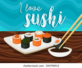 Sushi,Japanese food.Sushi rolls flat food and japanese seafood sushi rolls. Asia cuisine restaurant delicious.Sushi roll with salmon,smoked eel, selective food vector.