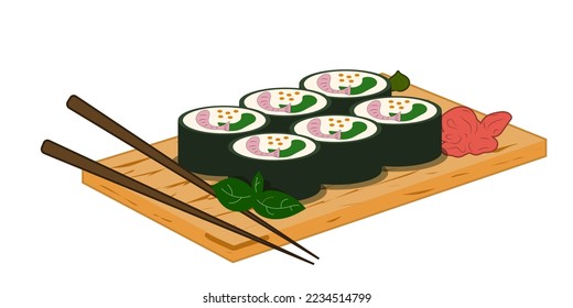 Sushis rolls, wooden board with chopsticks, soya souse. Asian food Vector illustration for restaurant, cover, menu, postcards and social media post. Line art style.