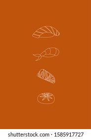 Sushis, sashimi and nikuman vector line illustration. Asian food vector. 