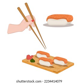 Sushis set on woode board, chopstick in hand. Rolls with salmon. Asian food Vector illustration for restaurant, cover, menu, postcards and social media post. Line art style.