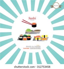sushi.sushi isolated on sunburst background.vector illustration   
