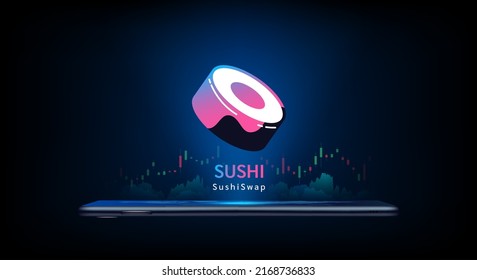 SushiSwap cryptocurrency symbol come out from smartphone with growth chart. Trading crypto currency on application. Financial investment banner for news or website. Icon coin token vector EPS10.