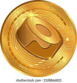 Sushiswap SUSHI gold coin.Cryptocurrency exchange.Sushi coin logo isolated.