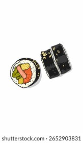 Susi comida japonesa vista superior e lado. Alimentos e legumes do mar