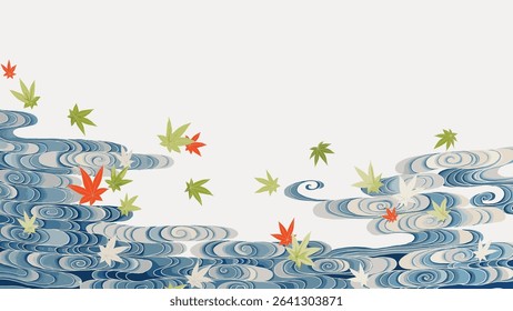 Susoshiki with maple leaves in the Tatsuta river sticker, vintage illustration, vector element.