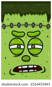 Suspecious Expression of Frankenstein Face Character Cartoon. Wallpaper, Cover, Label and Packaging Design. Vector Illustration