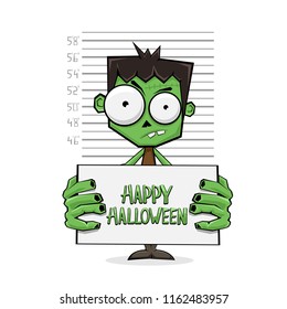 Suspect cartoon monster hold banner with text Happy Halloween and police lineup on white background, illustration.