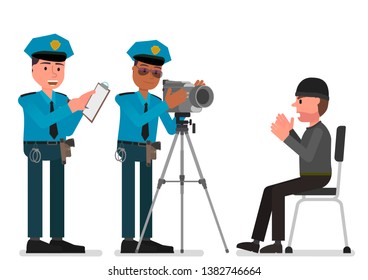 The suspect gives an explanation under the video. Isolated on a white background.