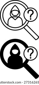 Iconos de Sospechoso. Ilustraciones vectoriales en blanco y negro. Hombre con Capucha, Lupa y Signo de Interrogación. Persona Sospechosa de Cometer Un Delito. Concepto de policía