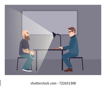 Suspect Illuminated By Table Lamp Sitting At Desk In Front Of Cop Asking Him Questions. Interrogation Process, Examination Procedure At Police Station. Flat Cartoon Characters. Vector Illustration.