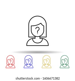 Suspect, woman, question mark multi color style icon. Simple thin line, outline vector of law and justice icons for ui and ux, website or mobile application