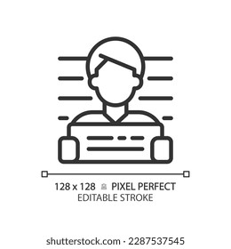 Suspected pixel perfect linear icon. Arrest of criminal person. Case investigation with legal laws. Judgement. Thin line illustration. Contour symbol. Vector outline drawing. Editable stroke