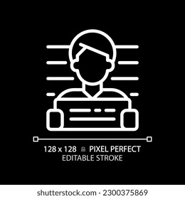 Suspected pixel perfect white linear icon for dark theme. Arrest of criminal person. Case investigation with legal laws. Thin line illustration. Isolated symbol for night mode. Editable stroke