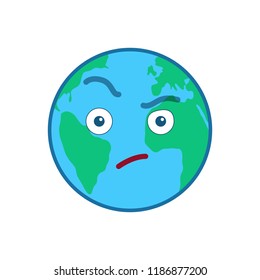 Suspecting world globe emoticon. Envious blue planet emoji. Social communication and weather widget. Distrustful face showing facial emotion. Funny earth with clouds icon. Weather forecast vector
