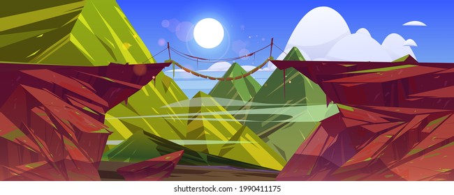 Suspended bridge hang above steep mountain cliff, green rocky landscape background. Beautiful scenery nature view with rope bridgework connect rock edges at summer day, Cartoon vector illustration