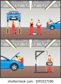 Suspended car on stand and engine service banner, vector illustration of professional automobile workshop with mechanics doing vehicles inspection