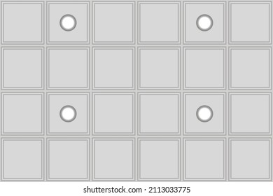 Suspended cassette plasterboard ceiling seamless pattern with built-in LED lamps. Armstrong false ceiling for office and home. Grid vector background. Contemporary interior design