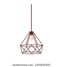 Suspended ceiling lamp. Electric pendant light design with metal wired shade. Hanging chandelier in contemporary style. Lampshade and lightbulb. Flat vector illustration isolated on white background