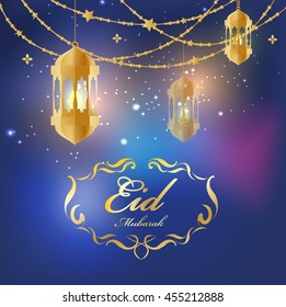 Suspended decor with Arabic lamps on a blurred background. Eid Mubarak greeting card