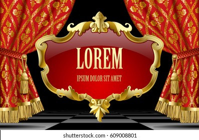 Suspended decorative gold gold baroque frame on the red curtain background. Square presentation artistic poster and placard. Vector illustration