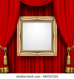 Suspended gold frame on the red curtain background. Square presentation artistic poster and placard. Vector illustration