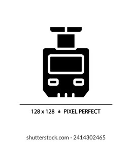 Suspended monorail pixel perfect black glyph icon. Suspension railway. Hanging train. Public transportation. Silhouette symbol on white space. Solid pictogram. Vector isolated illustration