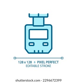 Suspended monorail pixel perfect blue RGB color icon. Suspension railway. Hanging train. Public transportation. Isolated vector illustration. Simple filled line drawing. Editable stroke