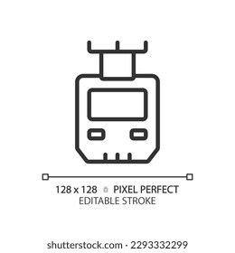 Suspended monorail pixel perfect linear icon. Suspension railway. Hanging train. Public transportation. Thin line illustration. Contour symbol. Vector outline drawing. Editable stroke