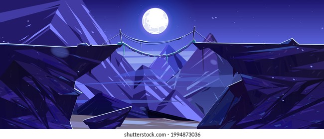 Suspended mountain bridge above night cliff, rock peaks and full moon scenery landscape. Beautiful nature view, rope bridgework connect steep rocky edges under moonlight, Cartoon vector illustration