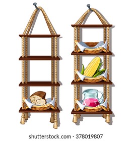 Suspended shelves with food. Vector.