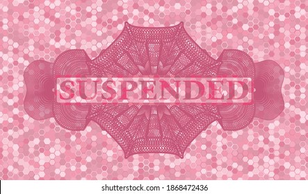 Suspended text inside Currency pink color tile mosaic style pattern realistic badge. Geometric hexagon graceful background. Intense illustration. 