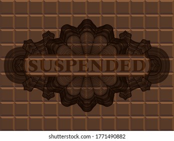 Texto suspendido dentro de la insignia de chocolate lineal. Antecedentes marrones de moda. Ilustración artística. 